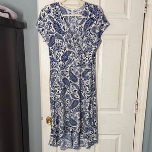 Navy Paisley High-Low Wrap Midi Dress